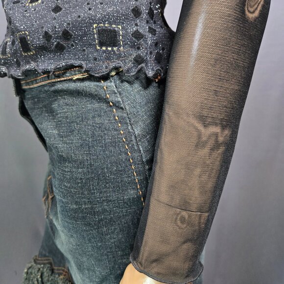 Y2K Black Glitter Mesh Top Flocked Velvet Size S Whimsigoth Goth Grunge - Picture 5 of 9